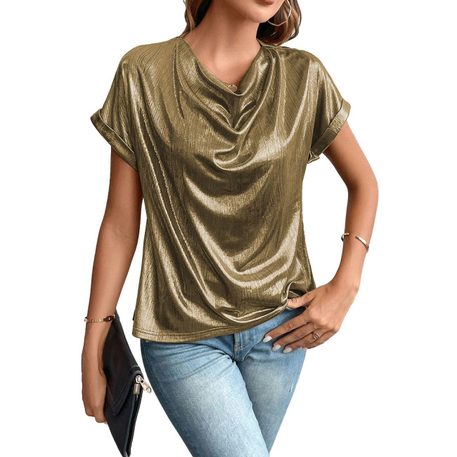 Plus Size Office Lady Batwing Sleeve Blouse Shiny Metallic Cowl Neck Womens T-shirt Elegant Female Streetwear Party Club Tee Top