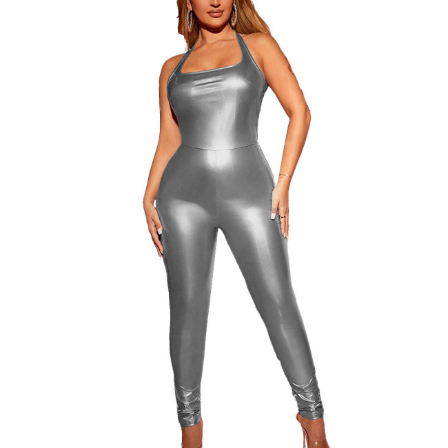 Women Party Sleeveless Metallic Shiny Jumpsuit Sexy Backless Halter Female Slim Fit Rompers Club One Piece Vinyl Casual Catsuit