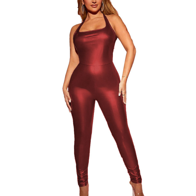 Women Party Sleeveless Metallic Shiny Jumpsuit Sexy Backless Halter Female Slim Fit Rompers Club One Piece Vinyl Casual Catsuit