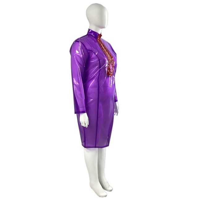Women Sexy High Neck Lace-up Bodycon Midi Dress Female Exotic Clear PVC Long Sleeve Dress Wetlook Plastic Slim Dresses Clubwear