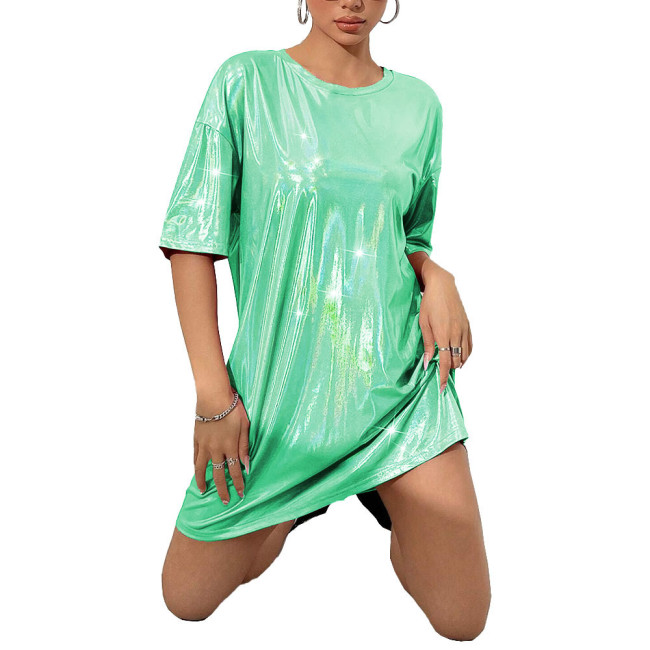 Women Fashion Loose Holographic Laser Mini Dress O-neck Drop Shoulder Metallic Shiny Oversized T Shirt Dress Female Club Dresses