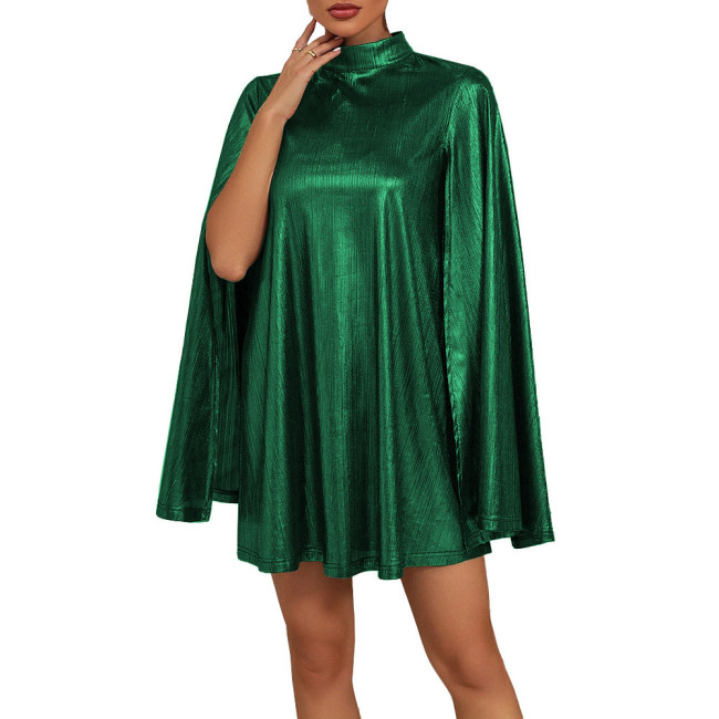 Plus Size Womens Chic Cape Long Sleeve Metallic Shiny Dress High Street Slim Mini Dress Office Elegant Party Club Short Dress