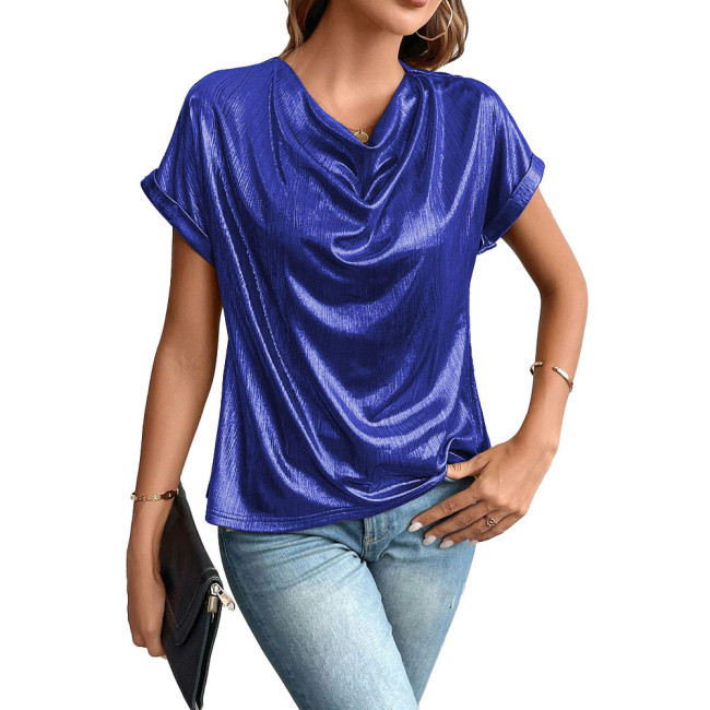 Plus Size Office Lady Batwing Sleeve Blouse Shiny Metallic Cowl Neck Womens T-shirt Elegant Female Streetwear Party Club Tee Top