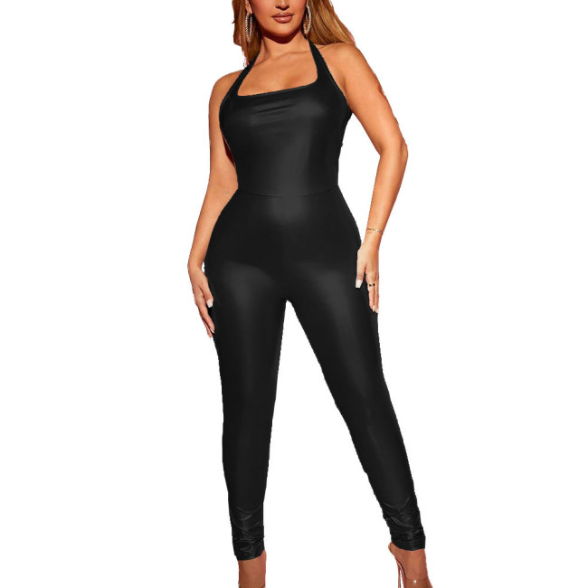 Women Party Sleeveless Metallic Shiny Jumpsuit Sexy Backless Halter Female Slim Fit Rompers Club One Piece Vinyl Casual Catsuit