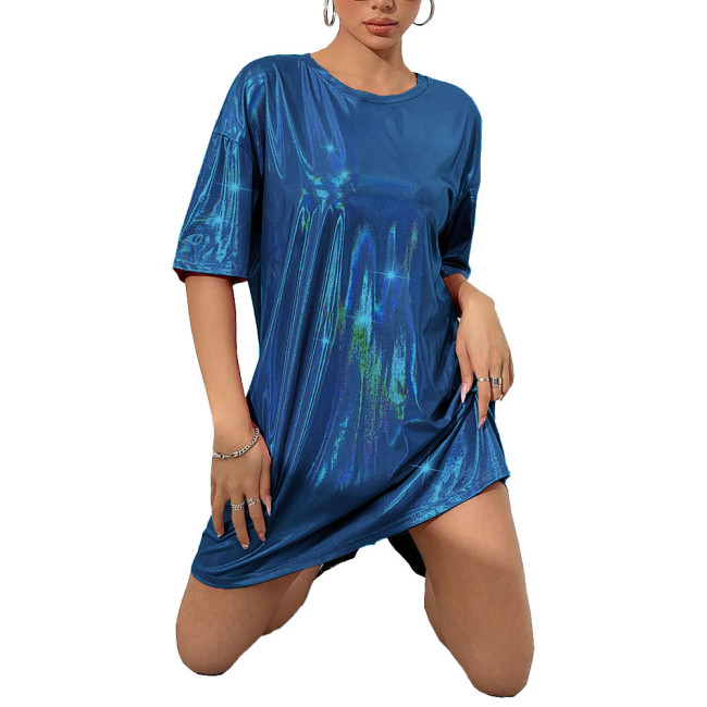 Women Fashion Loose Holographic Laser Mini Dress O-neck Drop Shoulder Metallic Shiny Oversized T Shirt Dress Female Club Dresses