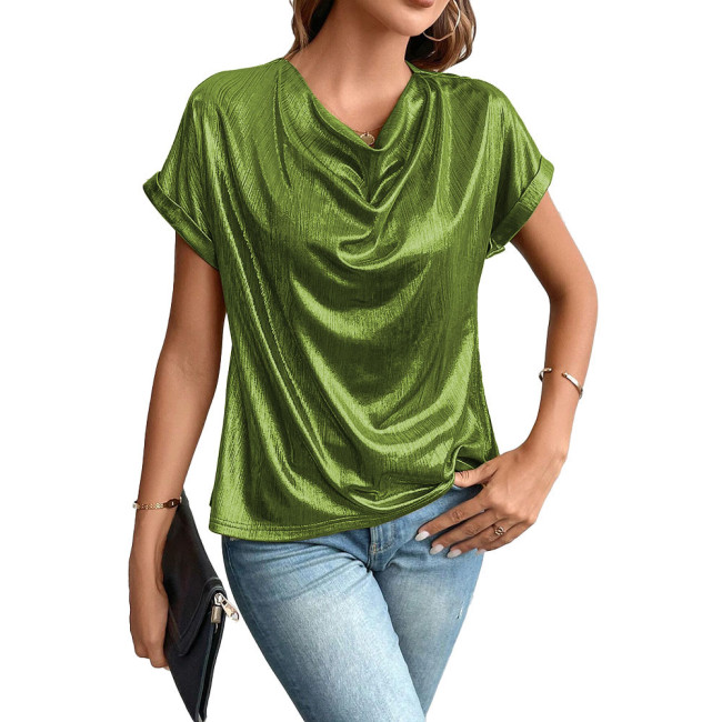 Plus Size Office Lady Batwing Sleeve Blouse Shiny Metallic Cowl Neck Womens T-shirt Elegant Female Streetwear Party Club Tee Top