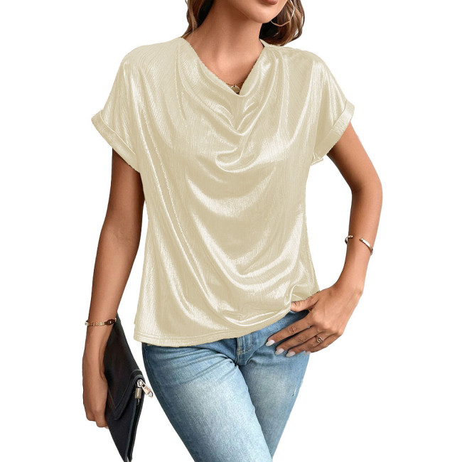 Plus Size Office Lady Batwing Sleeve Blouse Shiny Metallic Cowl Neck Womens T-shirt Elegant Female Streetwear Party Club Tee Top