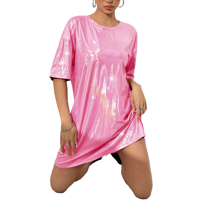 Women Fashion Loose Holographic Laser Mini Dress O-neck Drop Shoulder Metallic Shiny Oversized T Shirt Dress Female Club Dresses