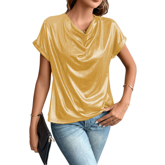 Plus Size Office Lady Batwing Sleeve Blouse Shiny Metallic Cowl Neck Womens T-shirt Elegant Female Streetwear Party Club Tee Top