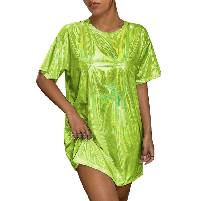 Plus Size Womens Oversized Holographic T Shirt Dress Fashion Short Sleeve Party Club Laser Mini Dress Shiny Round Neck Dresses