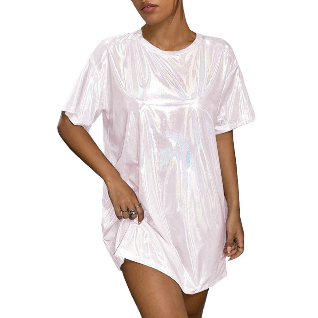 Plus Size Womens Oversized Holographic T Shirt Dress Fashion Short Sleeve Party Club Laser Mini Dress Shiny Round Neck Dresses
