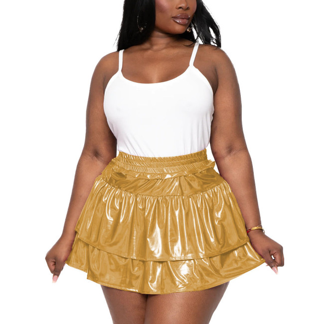 Plus Size Hologram Laser Tiered Pleated Mini Skirts for Womens High Elastic Waist A-line Pole Dancing Skirts Shiny Streetwear