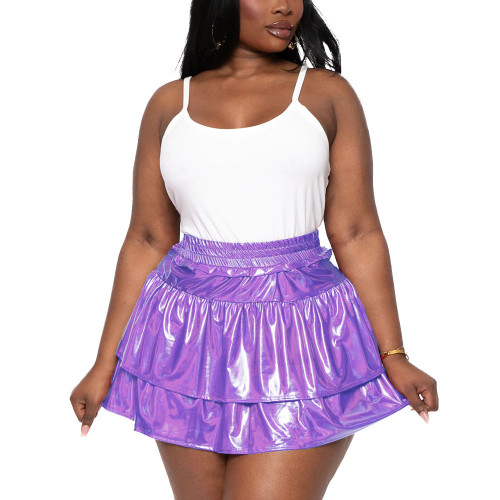 Plus Size Hologram Laser Tiered Pleated Mini Skirts for Womens High Elastic Waist A-line Pole Dancing Skirts Shiny Streetwear