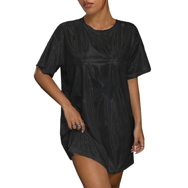 Plus Size Womens Oversized Holographic T Shirt Dress Fashion Short Sleeve Party Club Laser Mini Dress Shiny Round Neck Dresses