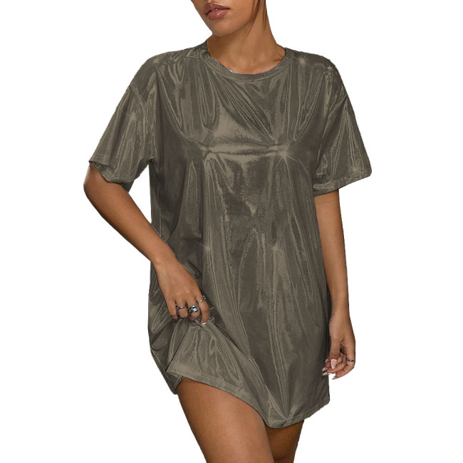 Plus Size Womens Oversized Holographic T Shirt Dress Fashion Short Sleeve Party Club Laser Mini Dress Shiny Round Neck Dresses