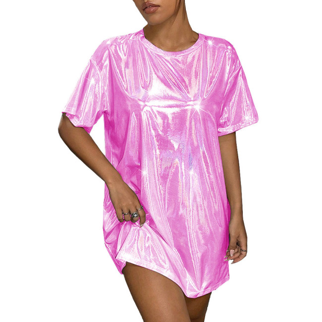Plus Size Womens Oversized Holographic T Shirt Dress Fashion Short Sleeve Party Club Laser Mini Dress Shiny Round Neck Dresses