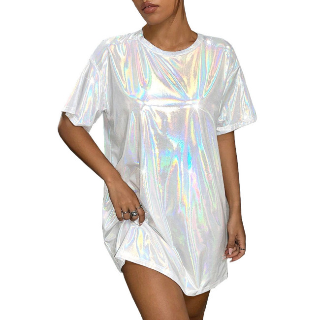 Plus Size Womens Oversized Holographic T Shirt Dress Fashion Short Sleeve Party Club Laser Mini Dress Shiny Round Neck Dresses