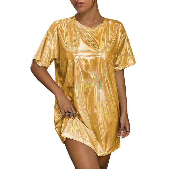 Plus Size Womens Oversized Holographic T Shirt Dress Fashion Short Sleeve Party Club Laser Mini Dress Shiny Round Neck Dresses