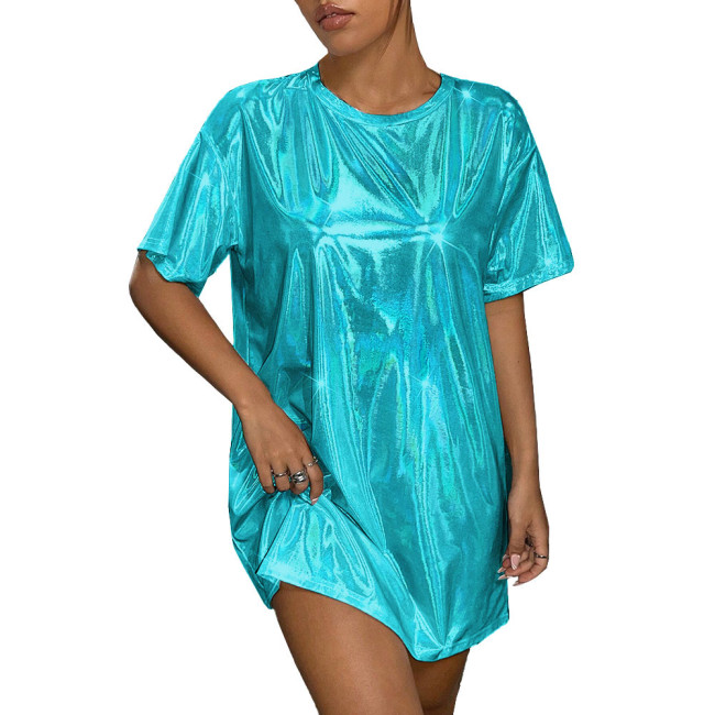 Plus Size Womens Oversized Holographic T Shirt Dress Fashion Short Sleeve Party Club Laser Mini Dress Shiny Round Neck Dresses