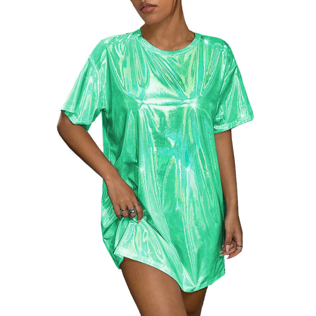 Plus Size Womens Oversized Holographic T Shirt Dress Fashion Short Sleeve Party Club Laser Mini Dress Shiny Round Neck Dresses