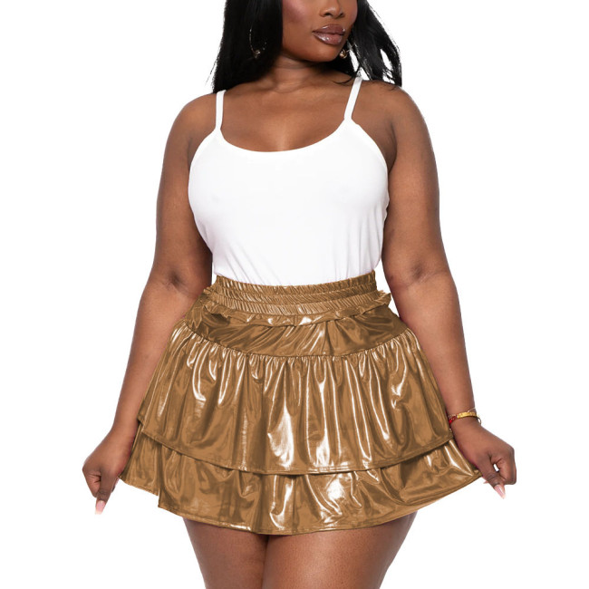 Plus Size Hologram Laser Tiered Pleated Mini Skirts for Womens High Elastic Waist A-line Pole Dancing Skirts Shiny Streetwear