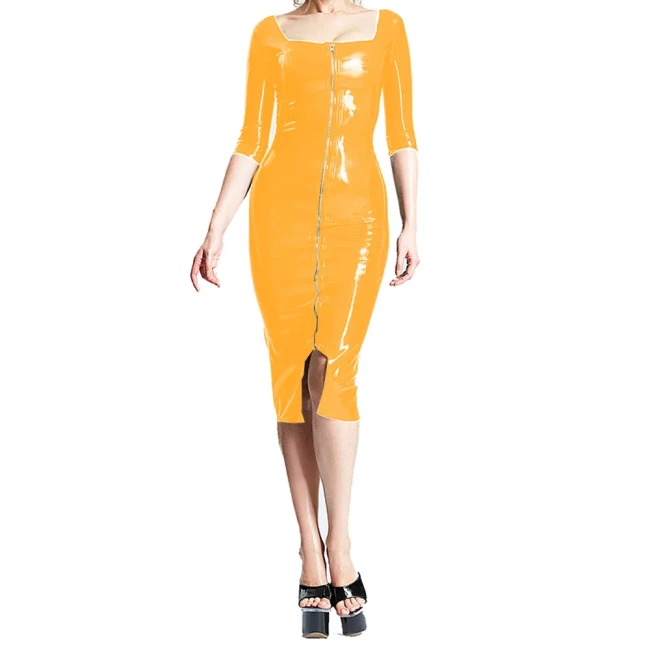 Office Lady Zipper Front Slim PVC Shiny Dress Sexy Square Collar Bodycon Midi Dress for Womens Wet Look Party Clubwear Custom