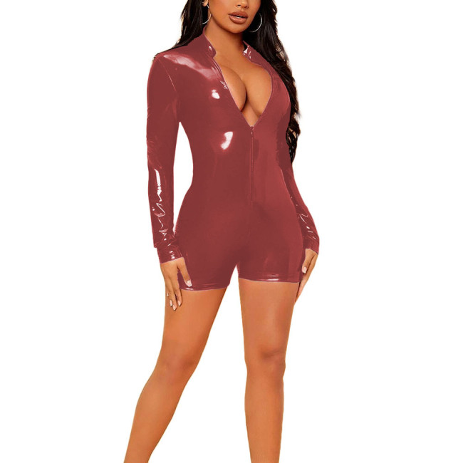 Plus Size PVC Shiny Womens Romper High Street Bodycon Long Sleeve Wetlook Short Jumpsuit Nighclub Party Back Hollow Out Bodysuit