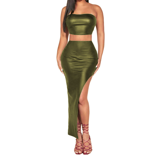 Sexy PU Faux Leather Club Dress Sets Womens Tube Tops High Waist Irregular Hem Ruffles Skirts Sets Raves Party 2pcs Skirt Suits