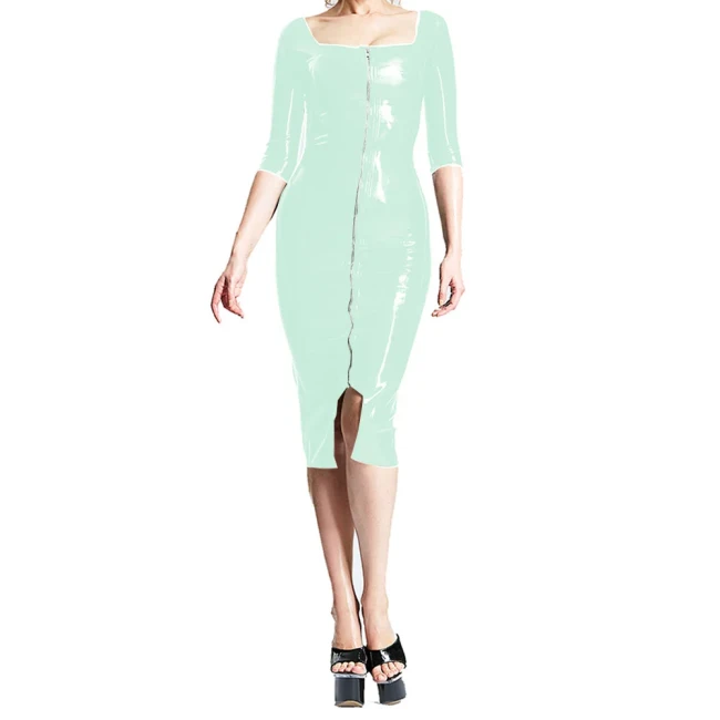 Office Lady Zipper Front Slim PVC Shiny Dress Sexy Square Collar Bodycon Midi Dress for Womens Wet Look Party Clubwear Custom