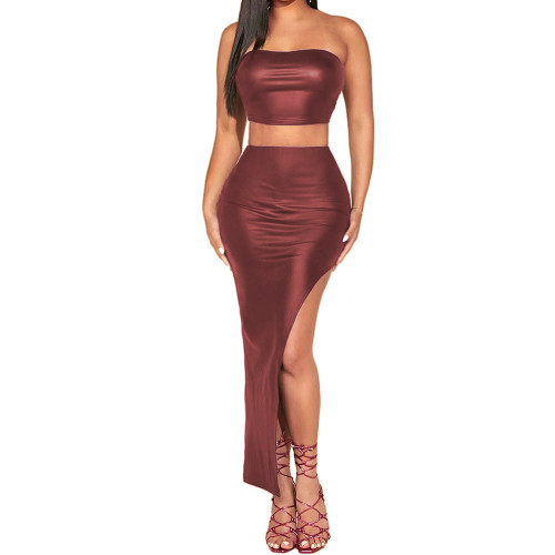 Sexy PU Faux Leather Club Dress Sets Womens Tube Tops High Waist Irregular Hem Ruffles Skirts Sets Raves Party 2pcs Skirt Suits