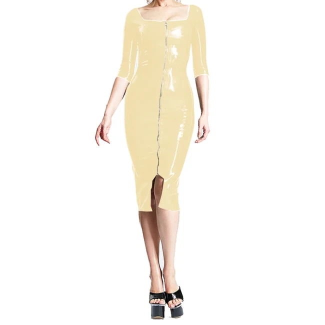 Office Lady Zipper Front Slim PVC Shiny Dress Sexy Square Collar Bodycon Midi Dress for Womens Wet Look Party Clubwear Custom