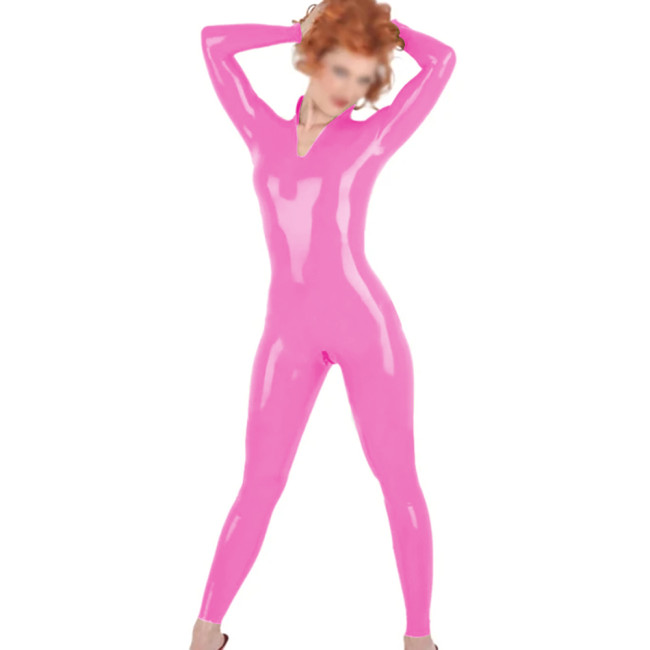 Large Size Women Sexy Shiny PVC Leathet Catsuit Wetlook Zipper Open Crotch Cosplay Jumpsuit Sexy V-neck Rompers Female Clubwear