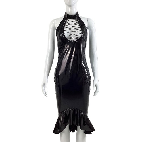 Womens Bodycon Sexy Dress Wetlook PVC Leather Hollow Out Lace Up Sheath Mini Dress Sleeveless Clubwear Pole Dance Rave Outfit