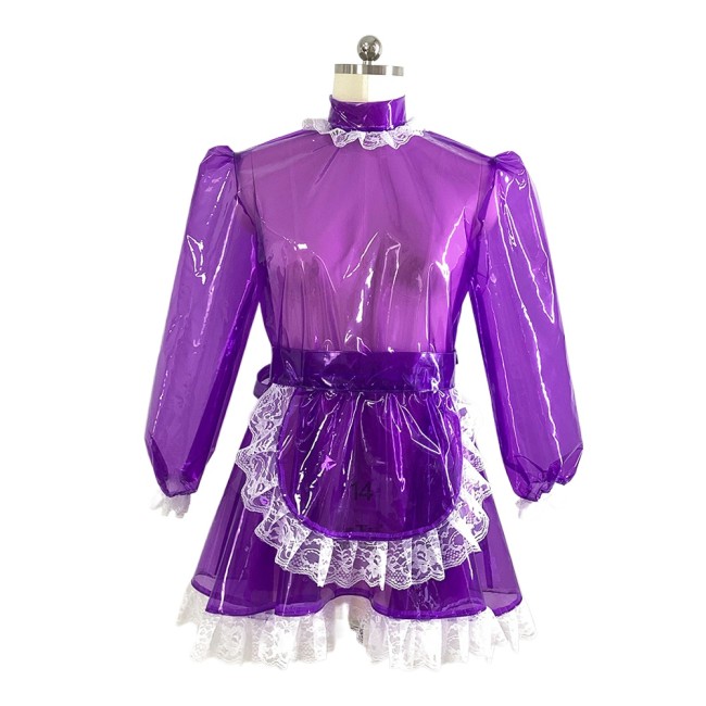 Sissy Sexy Clear Plastic PVC Long Sleeve Maid Dress with Apron Party Cross Dressing Sissy High Neck Maid Uniform Cosplay Costume