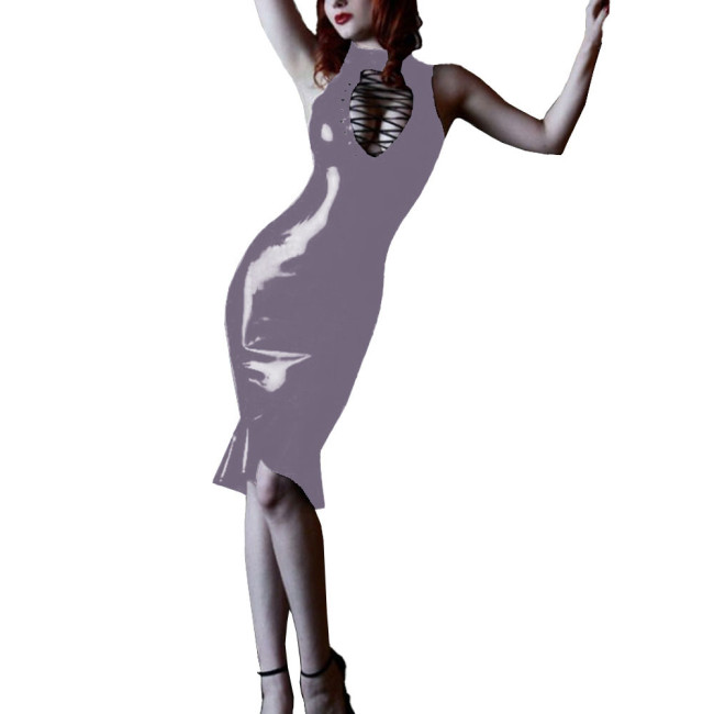 Womens Bodycon Sexy Dress Wetlook PVC Leather Hollow Out Lace Up Sheath Mini Dress Sleeveless Clubwear Pole Dance Rave Outfit
