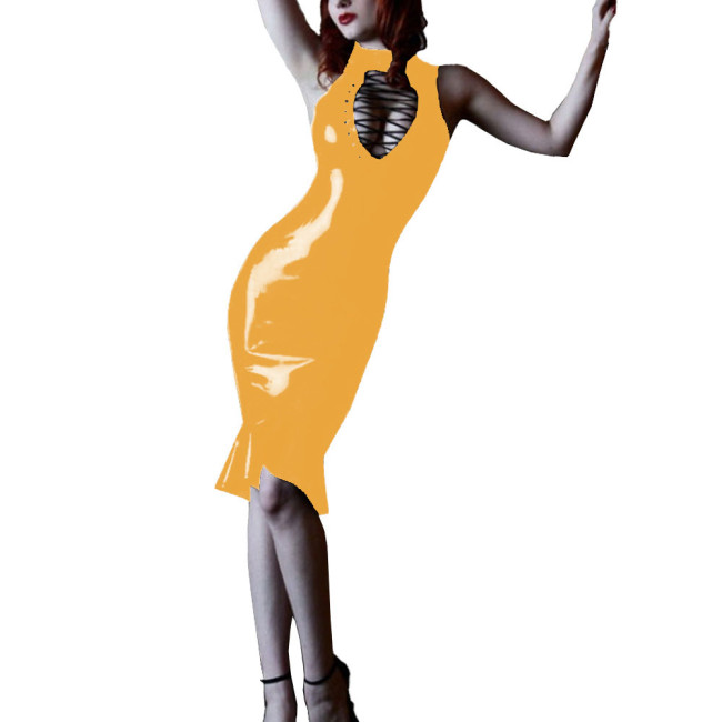 Womens Bodycon Sexy Dress Wetlook PVC Leather Hollow Out Lace Up Sheath Mini Dress Sleeveless Clubwear Pole Dance Rave Outfit