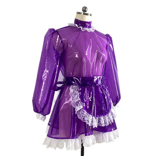 Sissy Sexy Clear Plastic PVC Long Sleeve Maid Dress with Apron Party Cross Dressing Sissy High Neck Maid Uniform Cosplay Costume