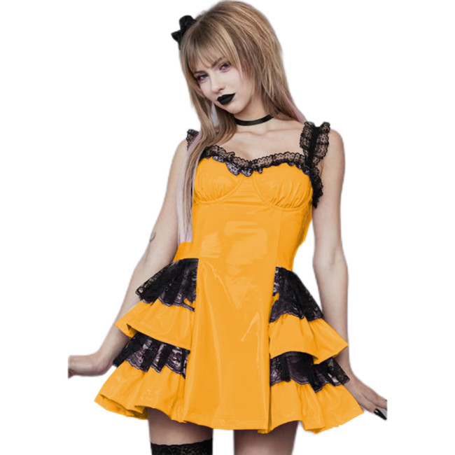 Sweet Sexy Shiny PVC Leather Spaghetti Mini Dress Adjustable Strap Sleeveless Lace Ruffle Mutil Layered Tiered A-line Dresses