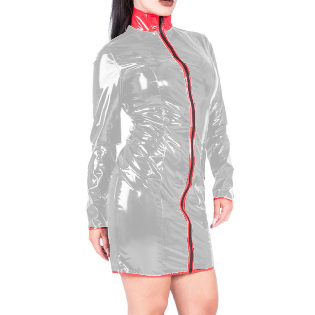 Wetlook PVC Leather Dress Patchwork Sheath Mini Skirt Sexy High Neck Front Zipper Full Sleeve Short Dress Lingerie Costume S-7XL