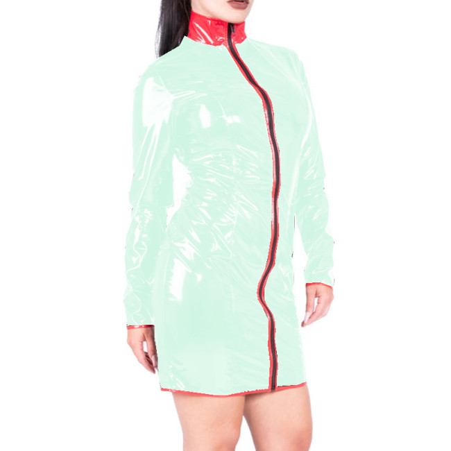 Wetlook PVC Leather Dress Patchwork Sheath Mini Skirt Sexy High Neck Front Zipper Full Sleeve Short Dress Lingerie Costume S-7XL