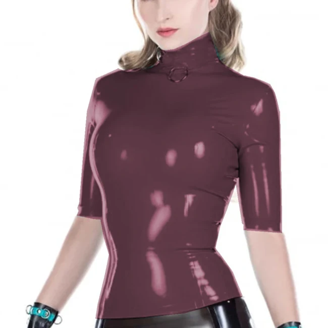 Wetlook PVC Leather High Neck Blouse Tops Faux Latex Half Sleeve Slim Sheath Women Shirt Jacket Sexy Club High Street Party
