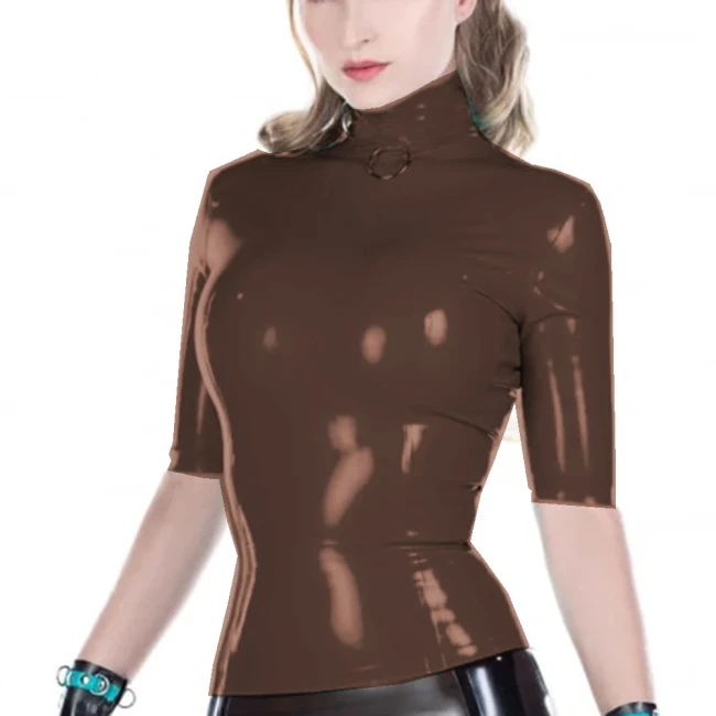 Wetlook PVC Leather High Neck Blouse Tops Faux Latex Half Sleeve Slim Sheath Women Shirt Jacket Sexy Club High Street Party