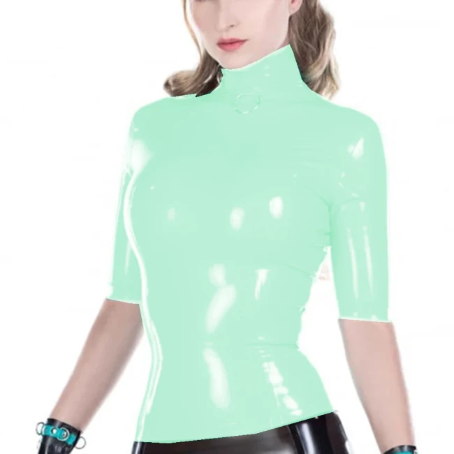 Wetlook PVC Leather High Neck Blouse Tops Faux Latex Half Sleeve Slim Sheath Women Shirt Jacket Sexy Club High Street Party