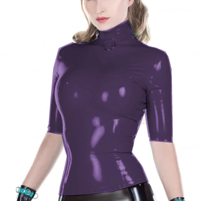Wetlook PVC Leather High Neck Blouse Tops Faux Latex Half Sleeve Slim Sheath Women Shirt Jacket Sexy Club High Street Party
