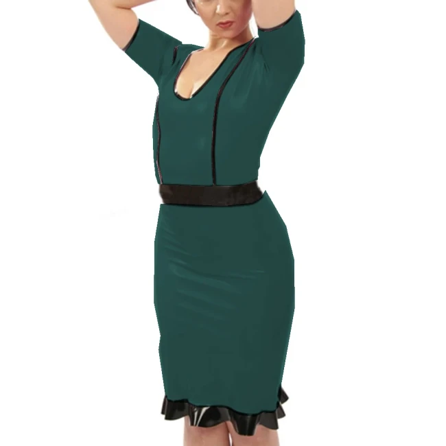 Patchwork Vinyl PVC Women Dress Sets Sexy Short Sleeve Shirt Tops And Ruffles Hem Pencil Mini Skirt Party Club Costumes Outfits