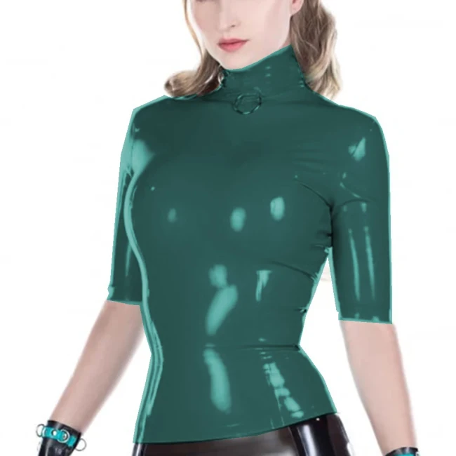 Wetlook PVC Leather High Neck Blouse Tops Faux Latex Half Sleeve Slim Sheath Women Shirt Jacket Sexy Club High Street Party