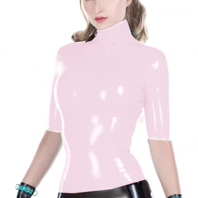Wetlook PVC Leather High Neck Blouse Tops Faux Latex Half Sleeve Slim Sheath Women Shirt Jacket Sexy Club High Street Party
