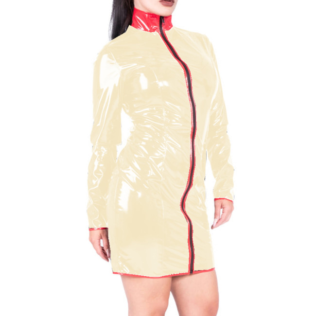 Wetlook PVC Leather Dress Patchwork Sheath Mini Skirt Sexy High Neck Front Zipper Full Sleeve Short Dress Lingerie Costume S-7XL