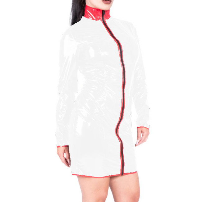Wetlook PVC Leather Dress Patchwork Sheath Mini Skirt Sexy High Neck Front Zipper Full Sleeve Short Dress Lingerie Costume S-7XL