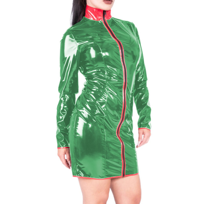 Wetlook PVC Leather Dress Patchwork Sheath Mini Skirt Sexy High Neck Front Zipper Full Sleeve Short Dress Lingerie Costume S-7XL